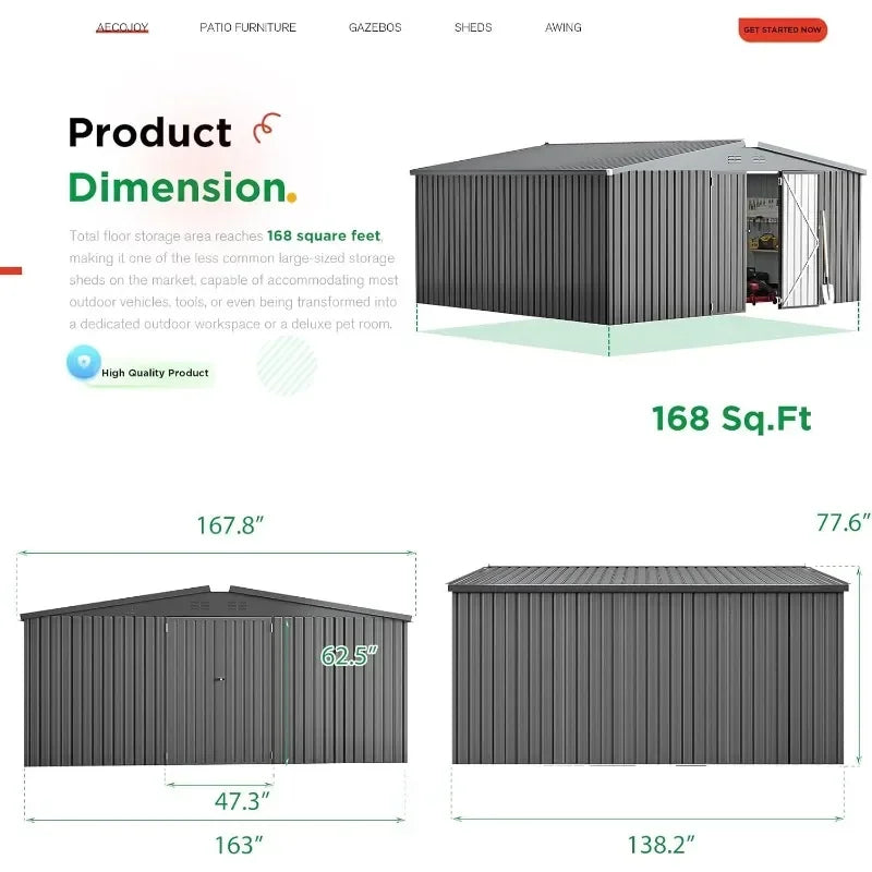 POPULAR Shed 14' X 12' Storage Shed, Outdoor Metal Storage Sheds & Outdoor Storage 12x14 With Lockable Doors, Large Steel Yard S