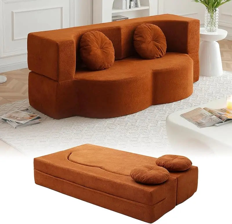 (UUX)76" Convertible Futon Bed, Boneless Sleeper Sofa Couch with 2/Pillows Teddy Fabric, 2-in-1 Comfy Floor & Foldable L UQ