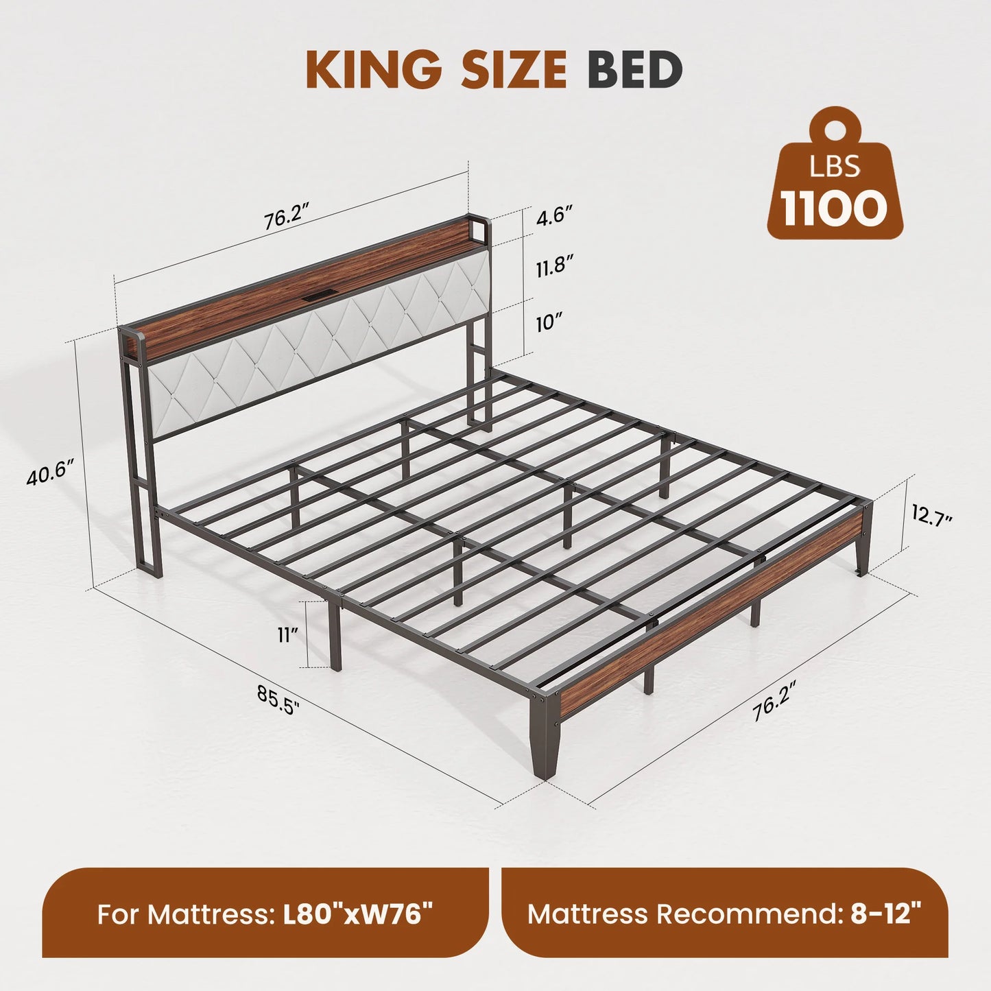 JHK King Size Metal Bed Frame With Storage And Charging Station, Heavy Duty 1100 Lbs Capacity, Easy Assembly, Headboard