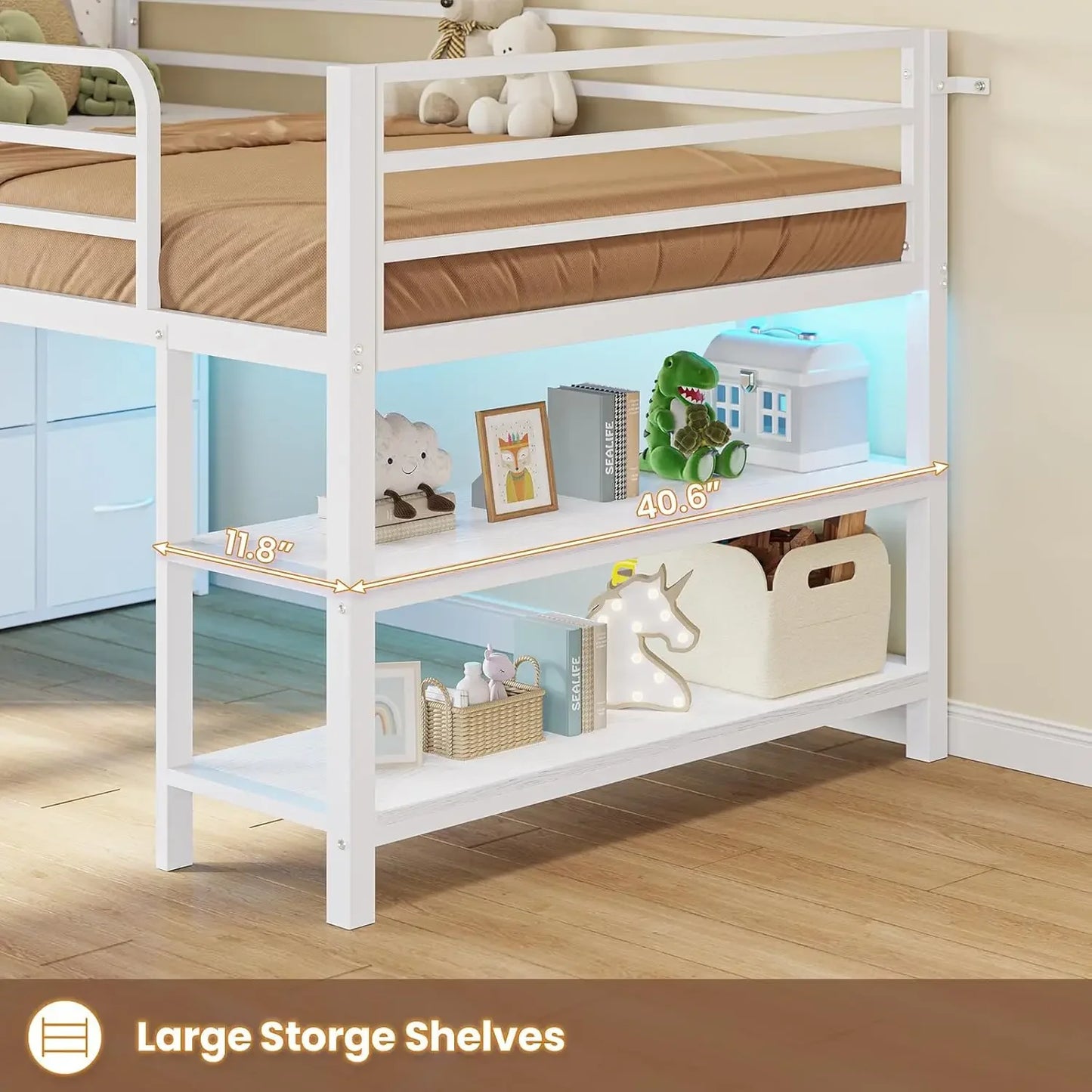 XMSJH Loft Bed With 6 Drawers LED Lights Metal Frame