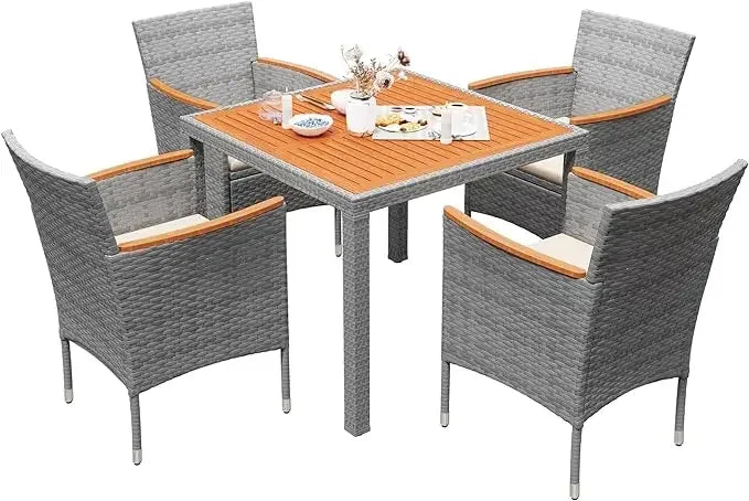 Acacia Wood Top Patio Conversation Set With Rattan Table And Chairs