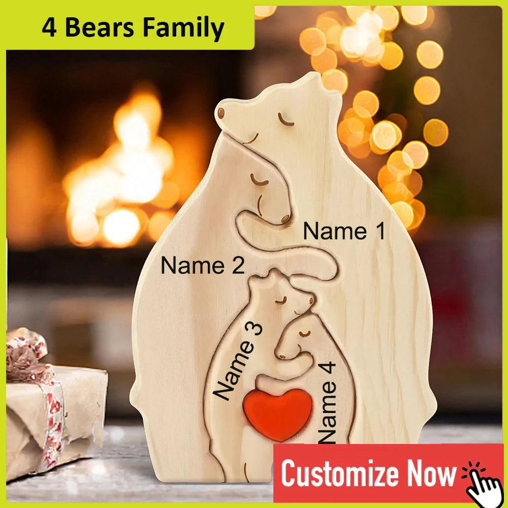 Dropshipping Bear Family Wooden Puzzle Free Engraving Name