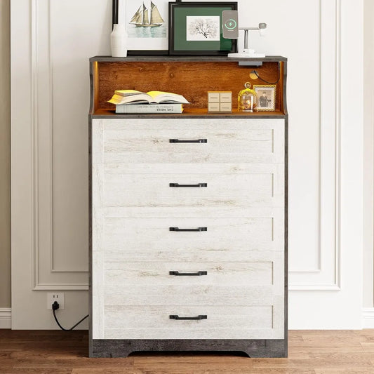 Mid Century Modern 5-Drawer Dresser With LED Lighting USB