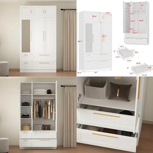 modern wooden wardrobe with mirror, hanging rod, shelves, and 4 drawers for bedroom storage