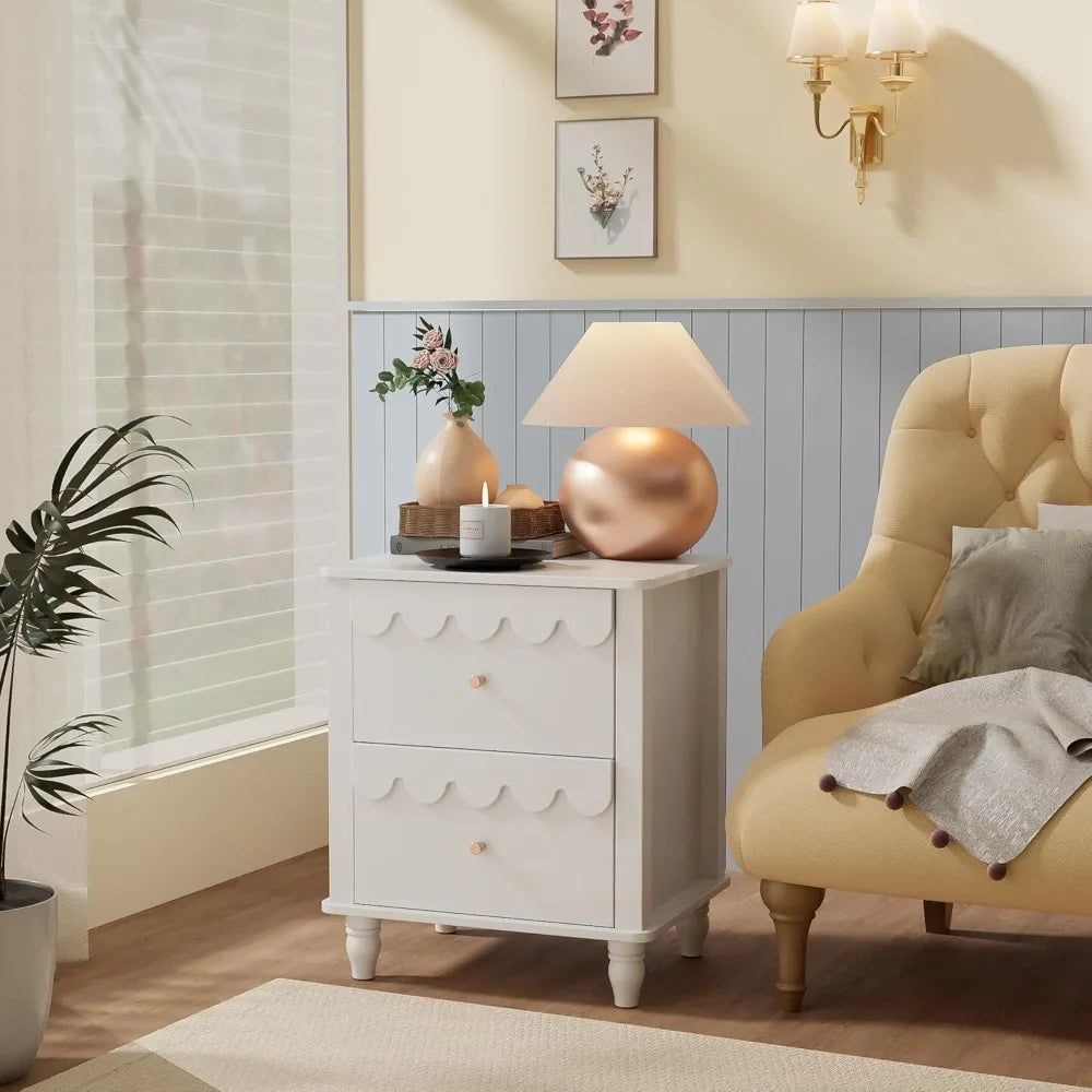 White Nightstand Set of 2 with 2 Drawers, Modern Night Stand Set 2 with Petal Pattern for Bedroom, Side End Table Scalloped Beds
