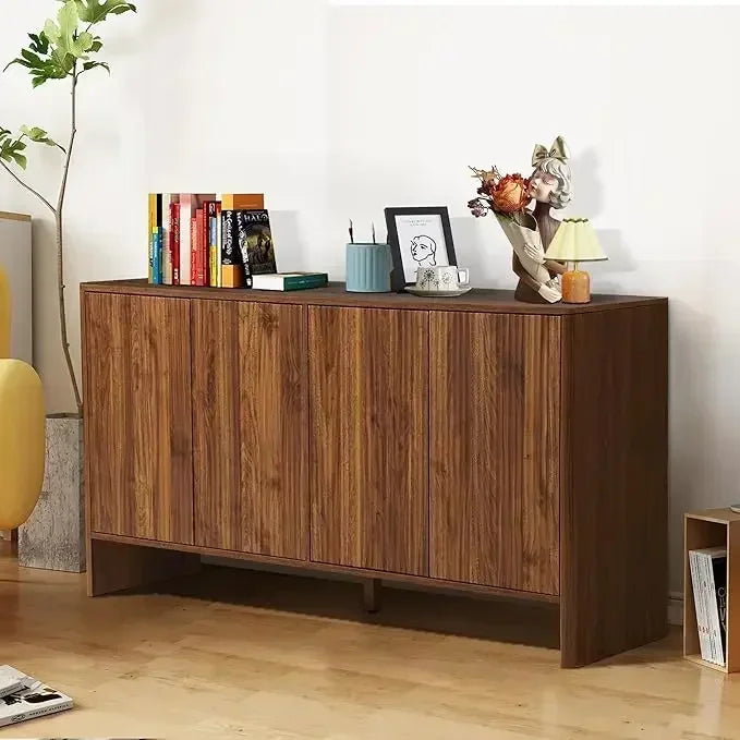 Sideboard Buffets Cabinet, Modern Accent Storage Cabinet with 4 Fluted Doors and Adjustable Shelves