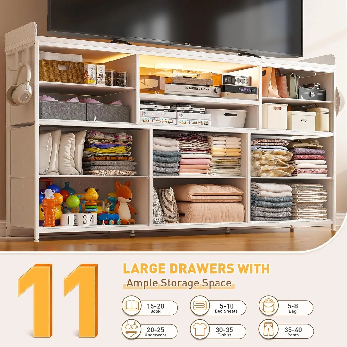 XMSJ Dresser With 11 Drawers And LED TV Stand Shelves