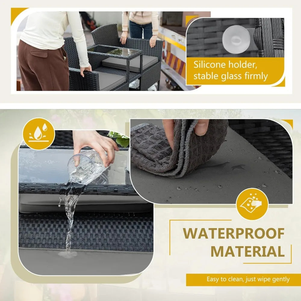 Outdoor Furniture Patio Loveseat Wicker 2-Seat with Built-in Table and Cushions Rattan Porch Chairs Bench for Balcony, Lawn, Ba