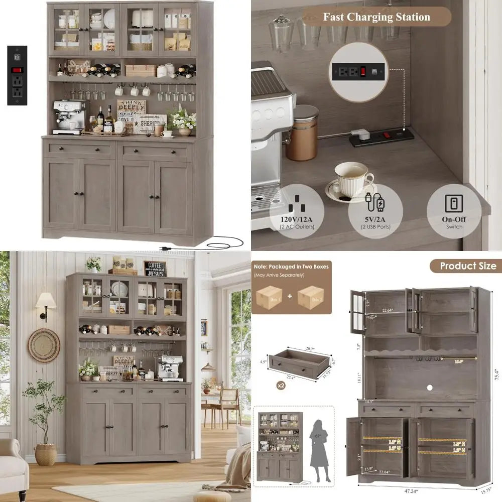 Tall Modern White Kitchen Pantry Cabinet with Charging Station, Microwave Stand, and Wine Rack