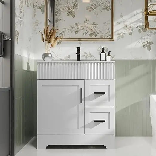 30" Bathroom Vanities Sink Combo with Painted Surface, Modern Drawered Cabinet W/Decorative Wave Lines, Undermount Single Sink,