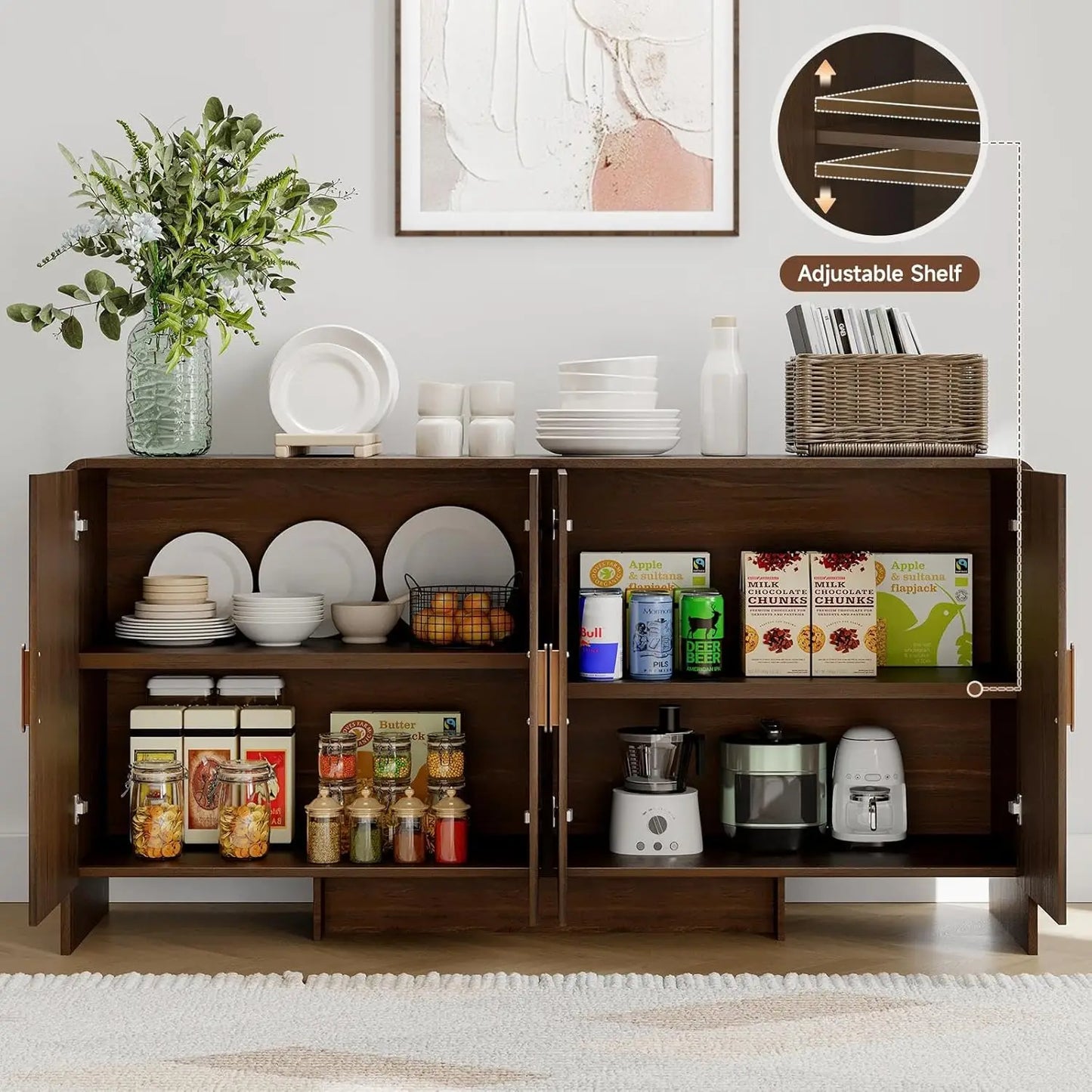 60" Sideboard Buffet Cabinet with Storage, Curved Design Farmhouse Coffee Bar Cabinet with 4 Doors & Adjustable Shelves