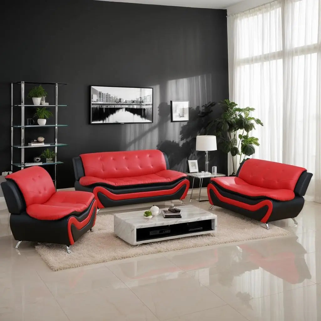 Leather Living Room Sofa Set With Metal Leg Supports