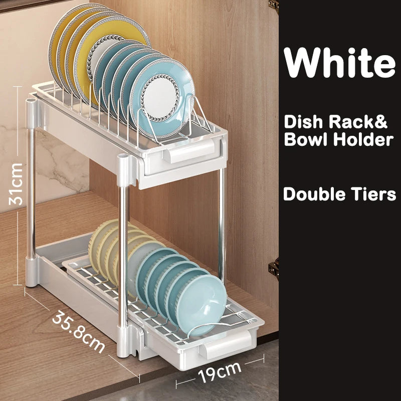 None Kitchen Pull Out Dish Rack With Drainboard Cabinet Organizer