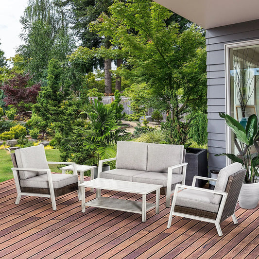 Outdoor Wicker Patio Furniture Set With Table And Cushioned Seats