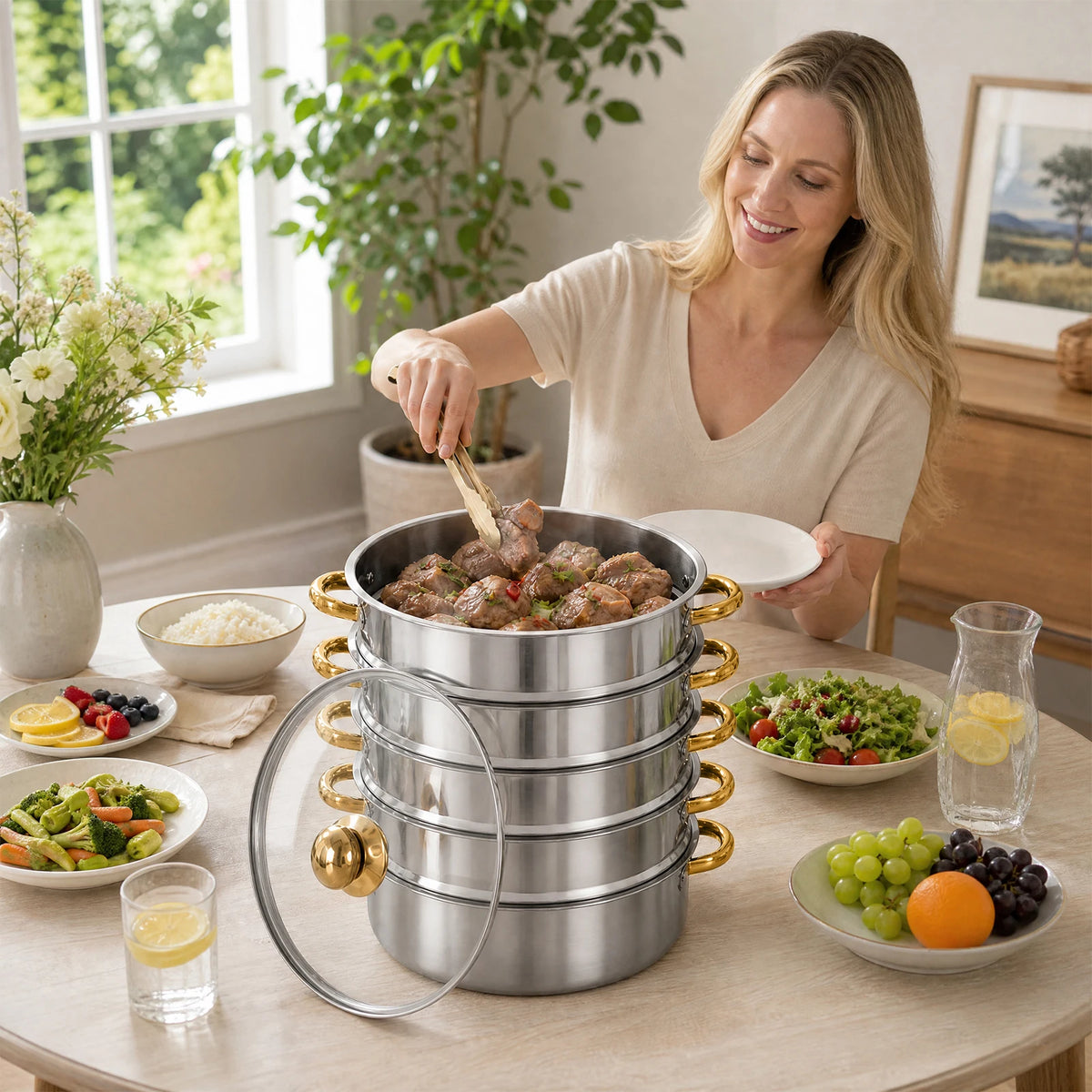 Bymaocar Five Tier Stainless Steel Steamer Pot With Viewing Lid