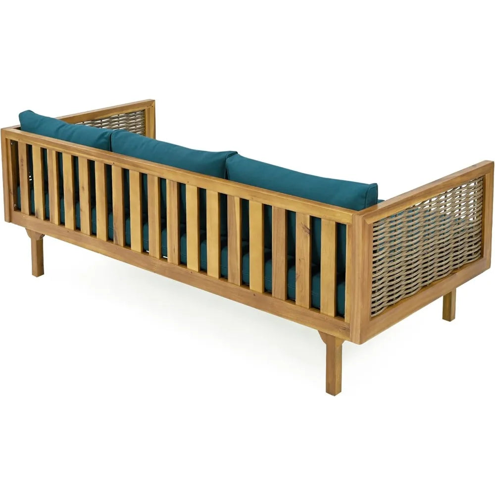 Rattan Arms Outdoor 3 Seat Sofa Patio Furniture Set with Cushions Wood Frame Outdoor Couch for Garden Poolside