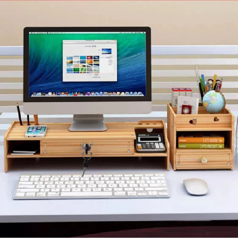 Desk Organizer Monitor Stand Built Storage Drawer with Phone Holder Display Cabinet Wooden Box Office Supplies
