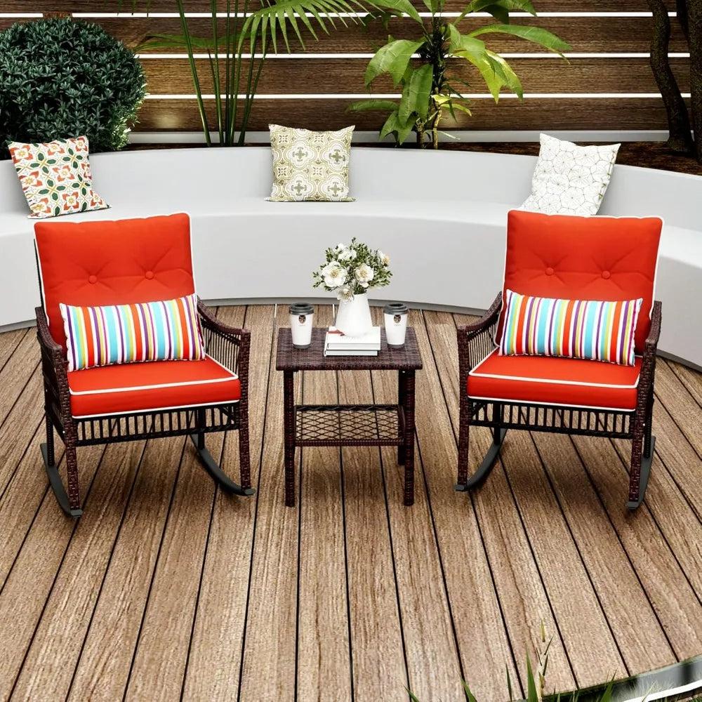3-Piece Patio Set: 2 Outdoor Rocking Chairs + Wicker Conversation Set with Coffee Table