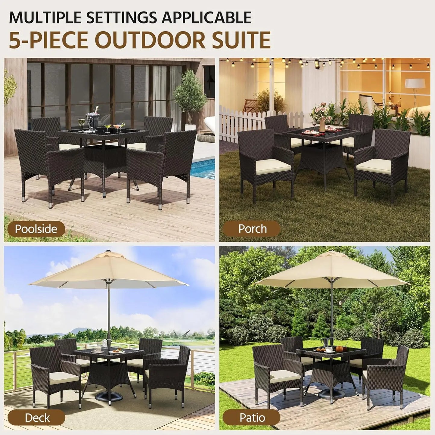 5-Piece Patio Furniture Set, Outdoor Rattan 4 Dining Chairs & Tempered Glass Table with Umbrella Hole, for Garden Backyard Deck