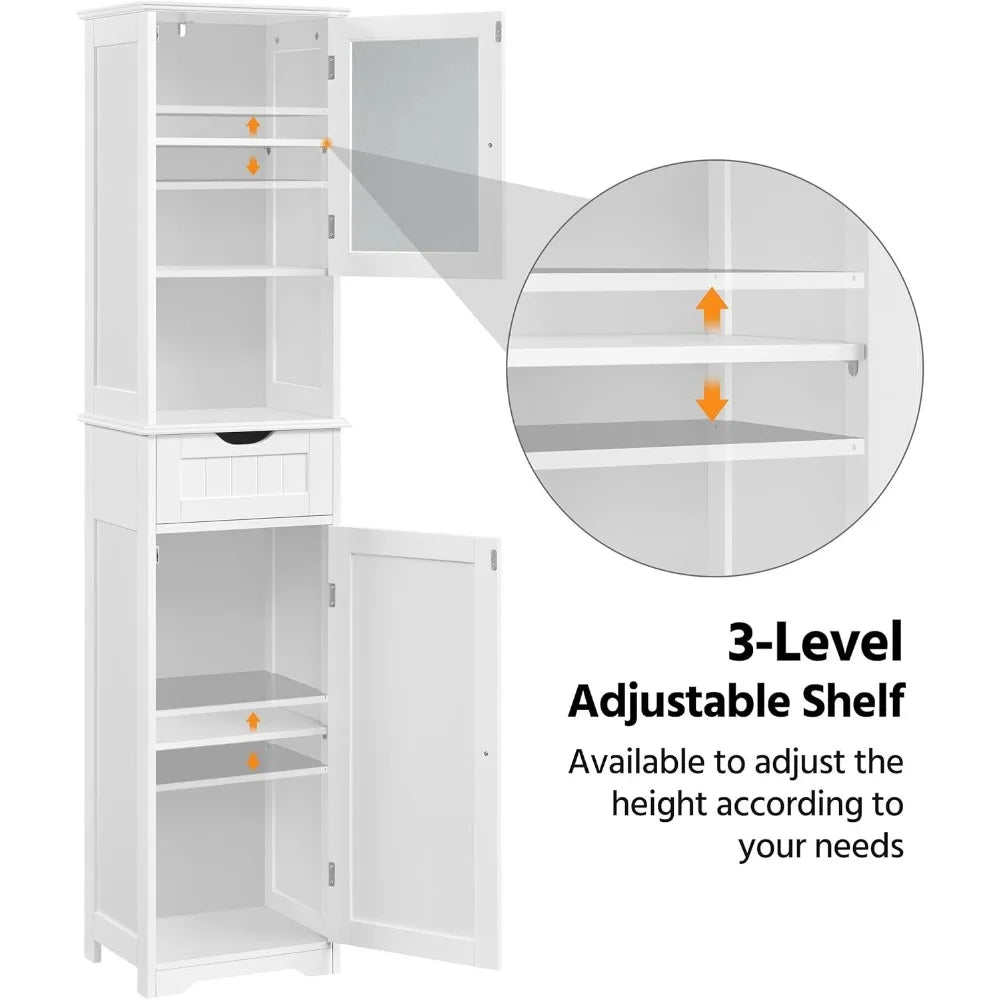 Freestanding Tall Bathroom Storage Cabinet with Glass Door and Adjustable Shelving