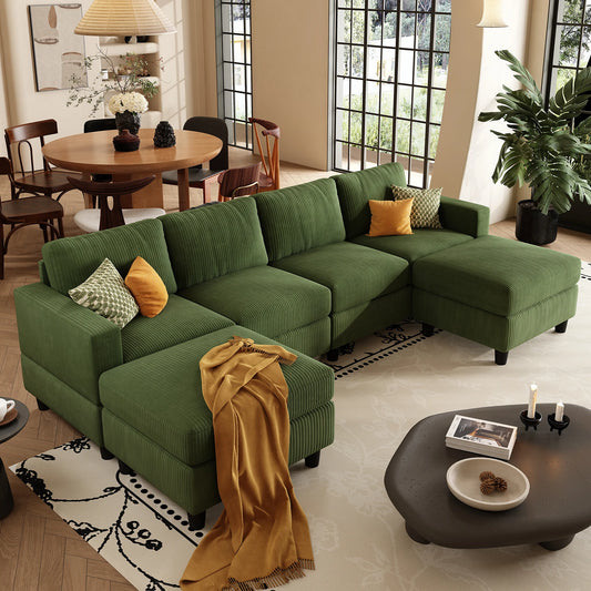 QWCCN Corduroy U Shape Sectional Sofa With Ottomans