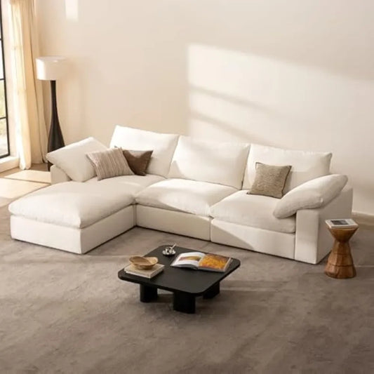 Modular L-Shaped Sofa Set With Ottoman In Cotton Fabric