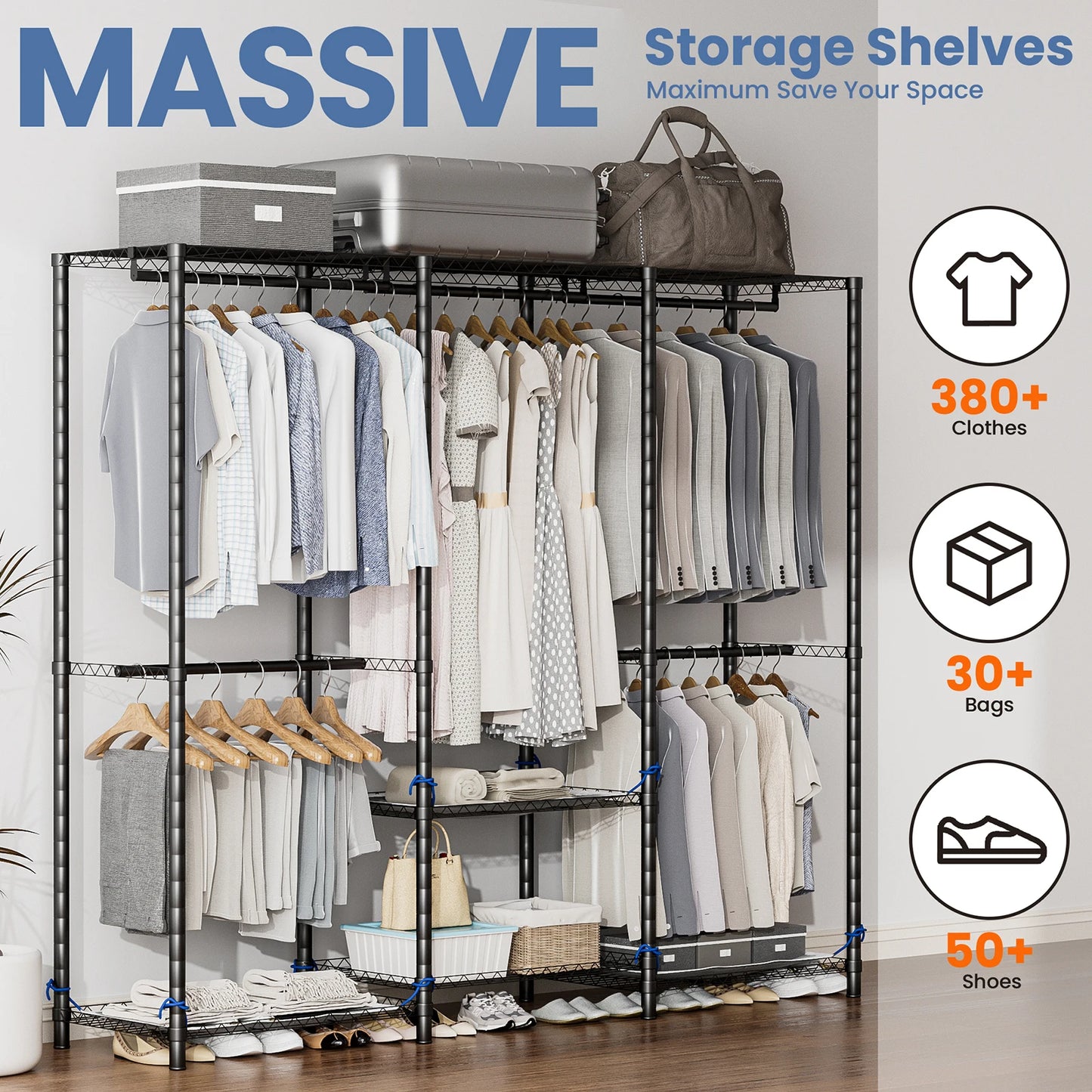 Heavy Duty Metal Clothes Rack Storage Organizer Freestanding Wardrobe 960 Lb