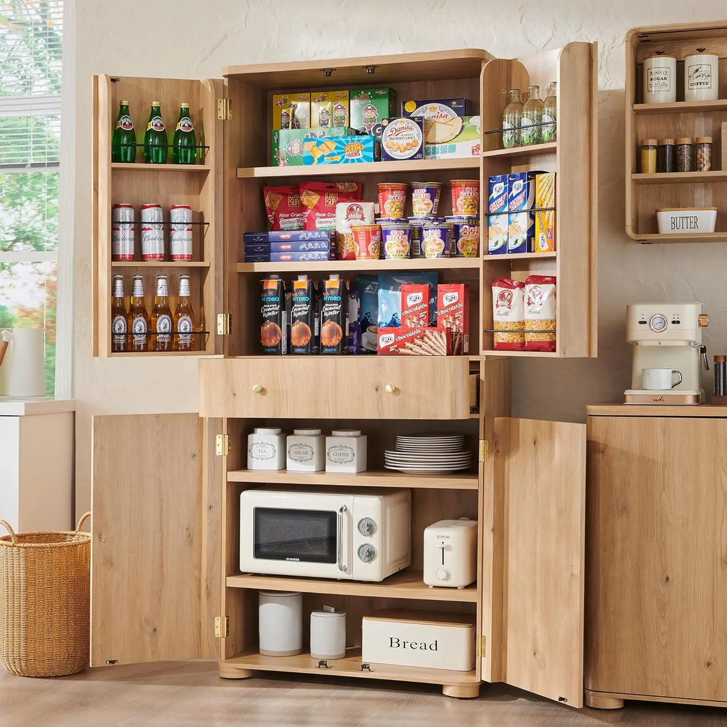 Curved Kitchen Pantry Storage Cabinet with 4 Doors and Adjustable Shelves