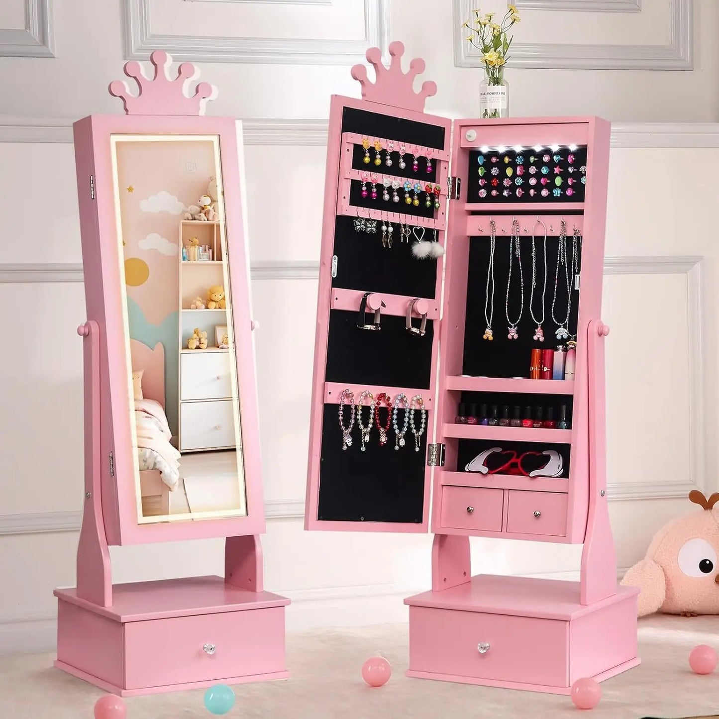 HiMISS Jewelry Cabinet With Full Length Mirror LED Light