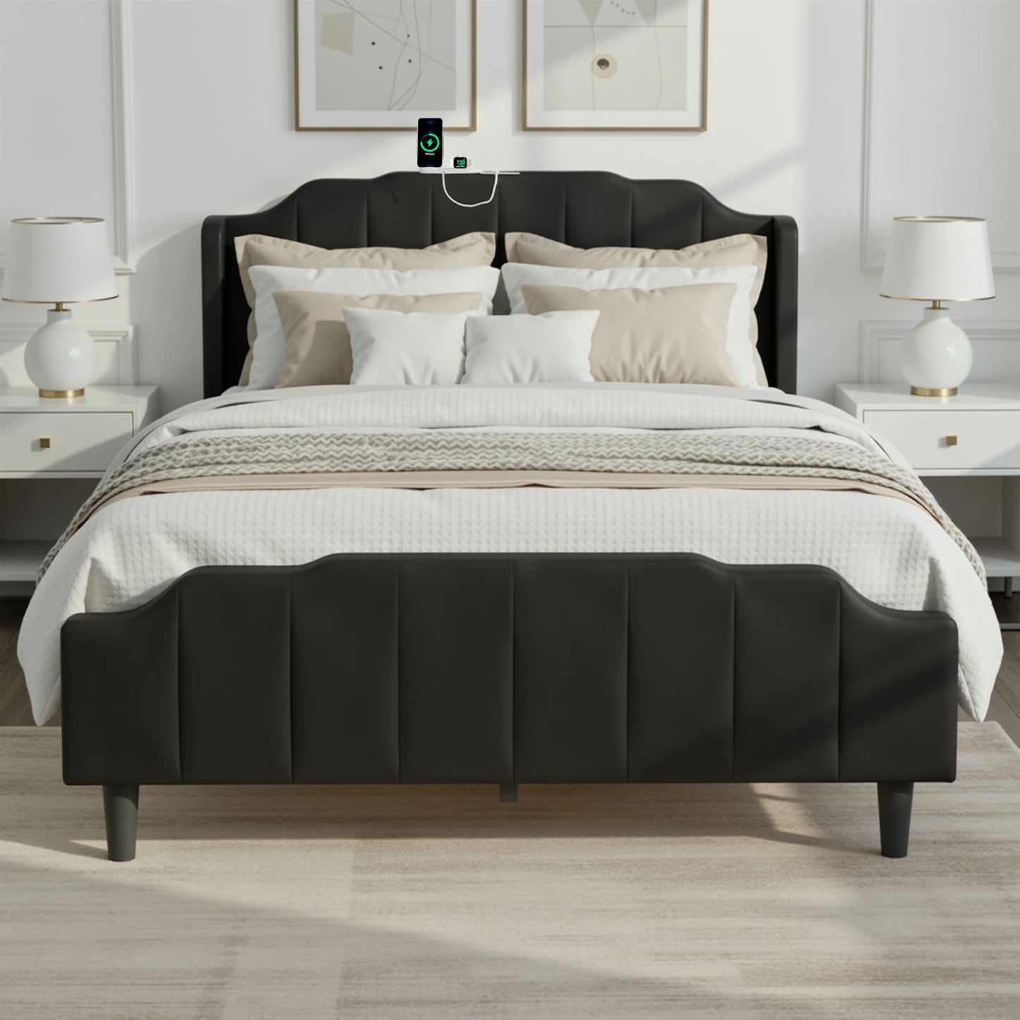 HOOMIC Velvet Platform Bed Frame With Tufted Wingback Headboard ChargingStation