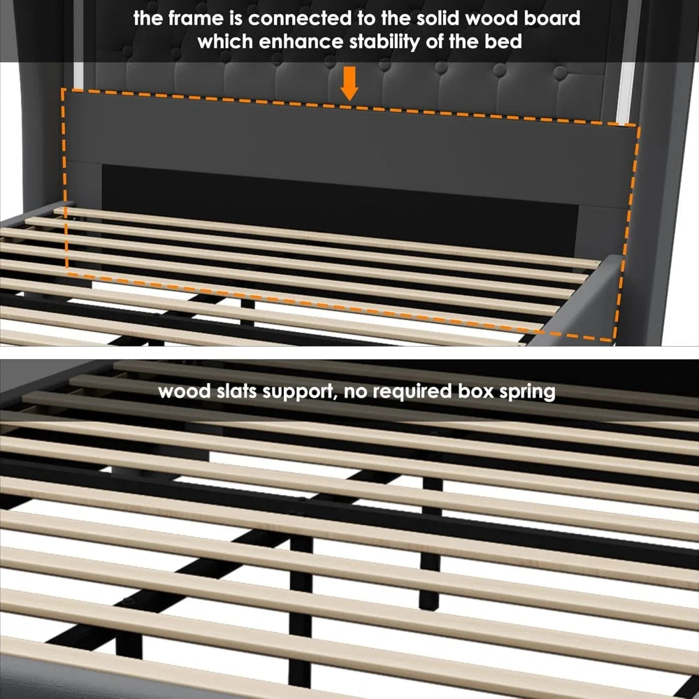 Queen Bed Frame 55" Tall Headboard with LED Lights, Buttons Tufted Velvet Upholstered Platform Bed Frame with 2 Storage Drawers,