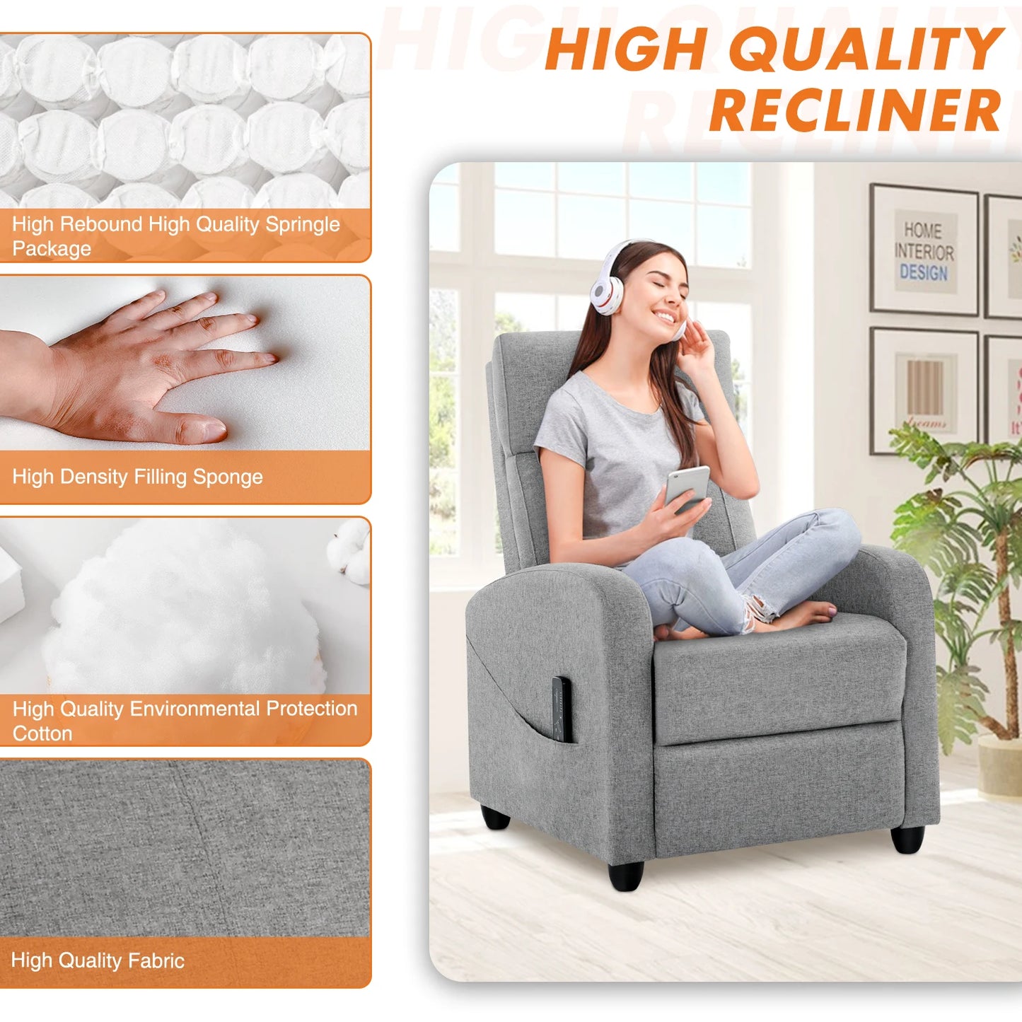 JHK Recliner Chair Massage Sofa Fabric Modern Living Room