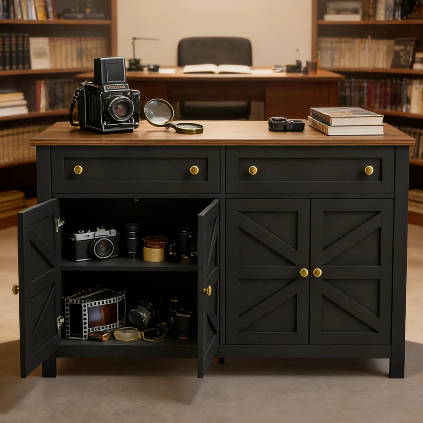 Modern Farmhouse Dining Sideboard Buffet Cabinet With 2 Drawers 4 Doors