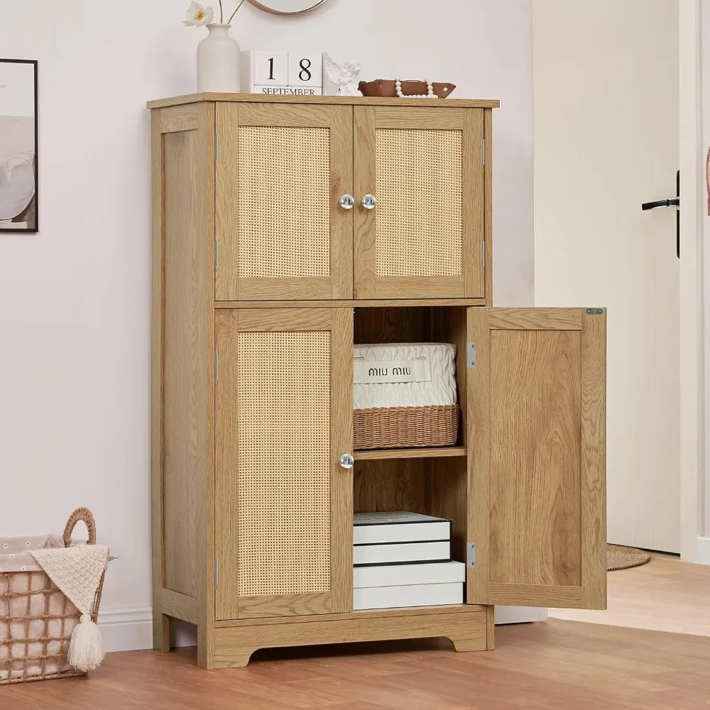 Rattan Door Storage Cabinet with Adjustable Shelves for Bathroom and Living Room