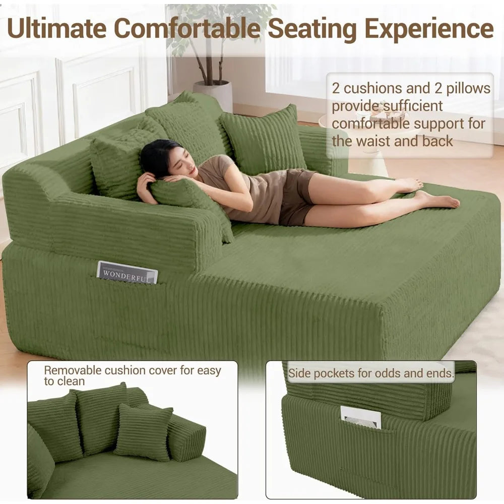 L Shaped Chaise Lounge Sofa Bed With Armrests And Pillows