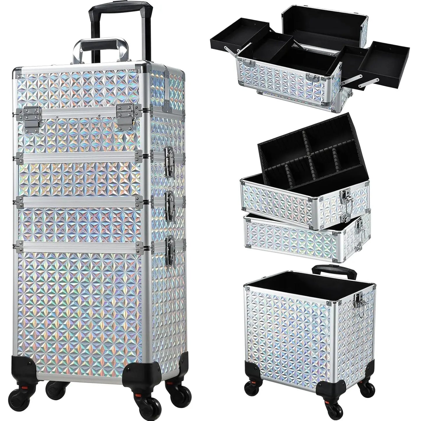 Detachable 4 In 1 Makeup Trolley Case On Wheels Alloy Frame With Lock For Nail Salon Manicure And Capacity Storage