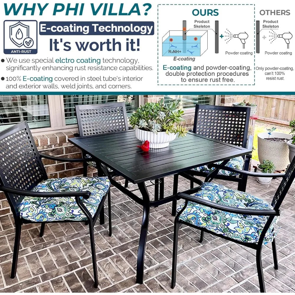 5 Piece Outdoor Dining Set For Four With Square Wrought Iron Table And Stackable Chairs Heavy Duty Patio Deck