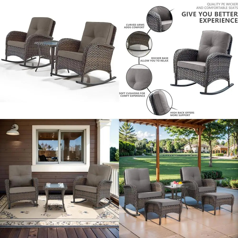 High Back Outdoor Wicker Rocking Chairs Set With Side Table For 3 Ideal For Patio Or Balcony
