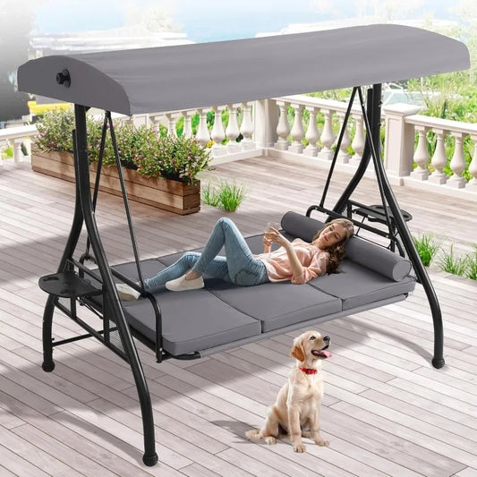 Outdoor Porch Swing with Canopy and Stand, 3 Person Patio Swing for Adults, Convertible 2 in 1 Porch Bed Swing with Cup