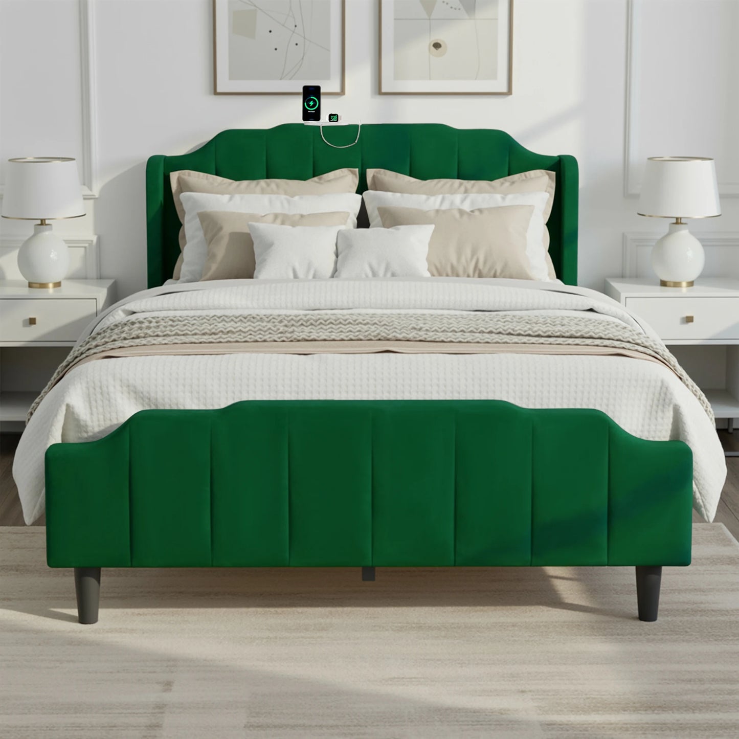 HOOMIC Velvet Platform Bed Frame With Tufted Wingback Headboard ChargingStation