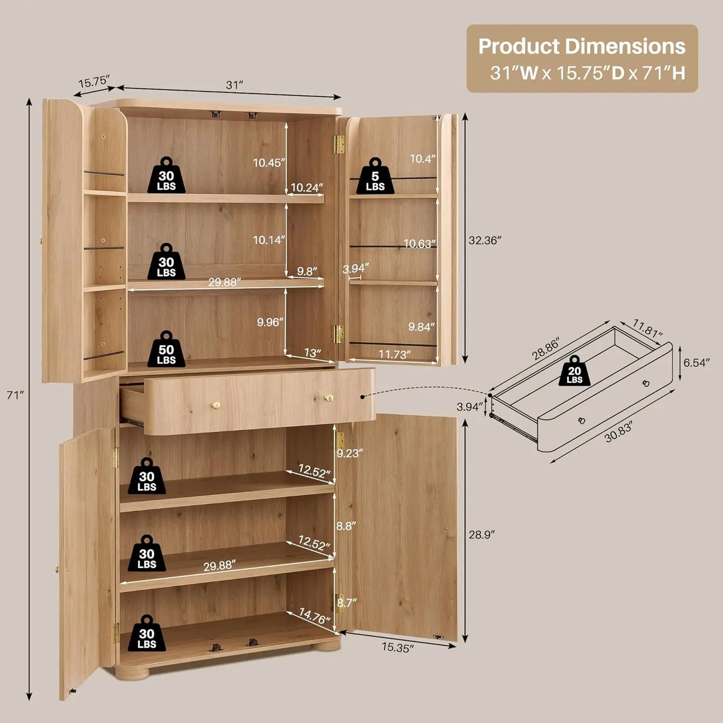 Curved Kitchen Pantry Storage Cabinet with 4 Doors and Adjustable Shelves