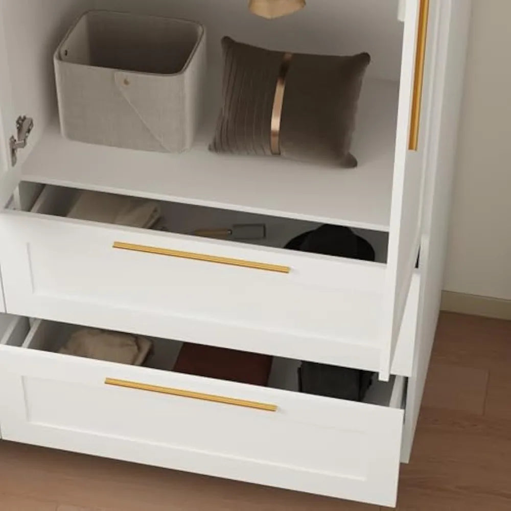 modern wooden wardrobe with mirror, hanging rod, shelves, and 4 drawers for bedroom storage