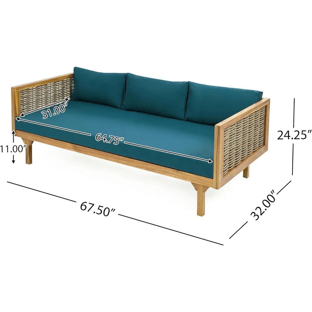 Rattan Arms Outdoor 3 Seat Sofa Patio Furniture Set with Cushions Wood Frame Outdoor Couch for Garden Poolside