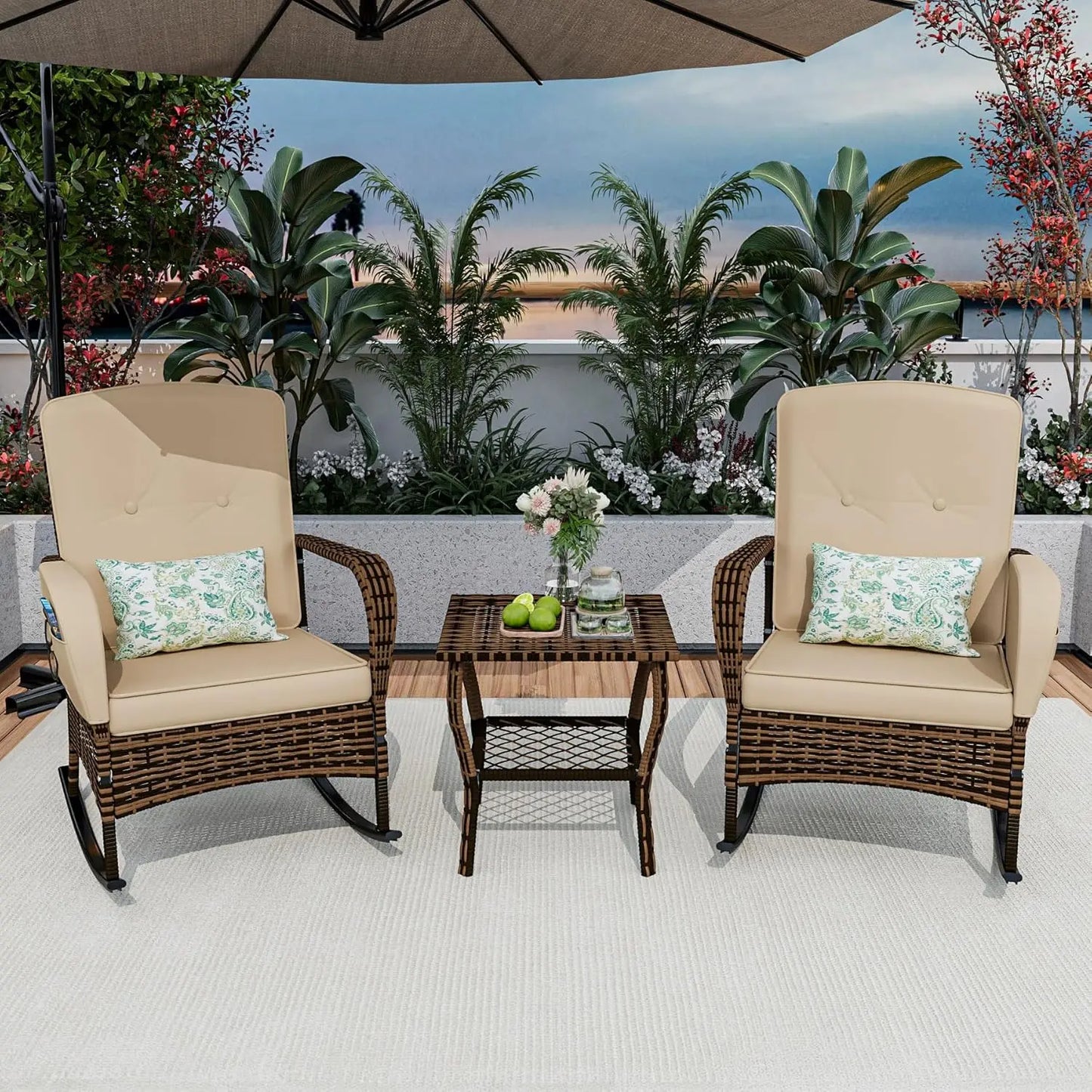 3-Piece Patio Set: 2 Outdoor Rocking Chairs + Wicker Conversation Set with Coffee Table