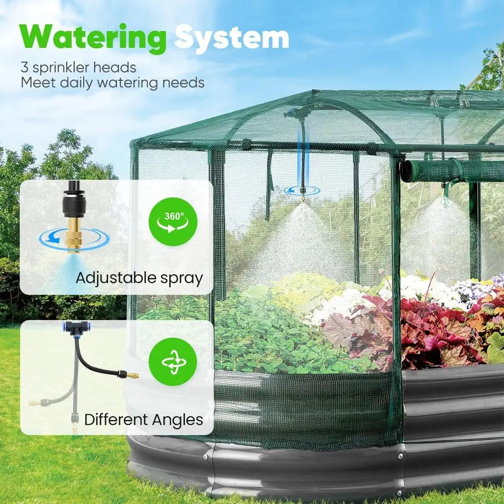 Oval Galvanized Metal Garden Bed With Auto Watering Mesh Cover For Vegetables