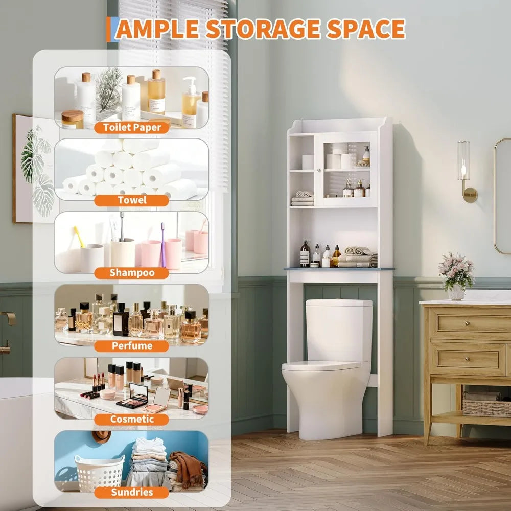 Over Toilet Storage Cabinet With Glass Door And Adjustable Shelves