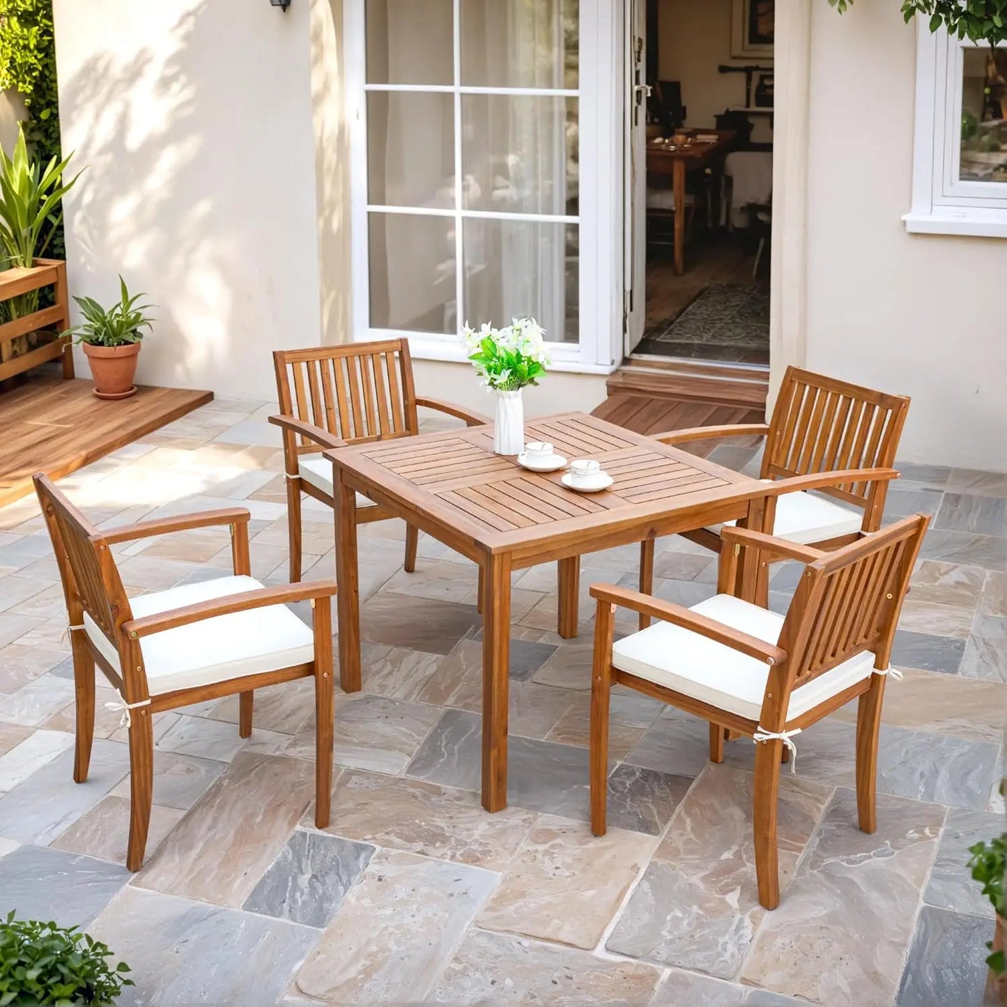 XMSJ Outdoor Dining Set Acacia Wood Table and Chairs