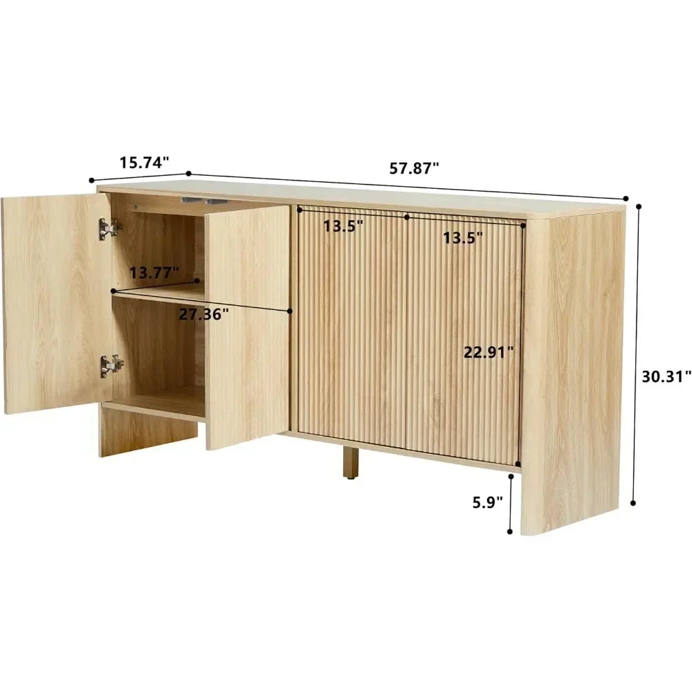 Sideboard Buffets Cabinet, Modern Accent Storage Cabinet with 4 Fluted Doors and Adjustable Shelves