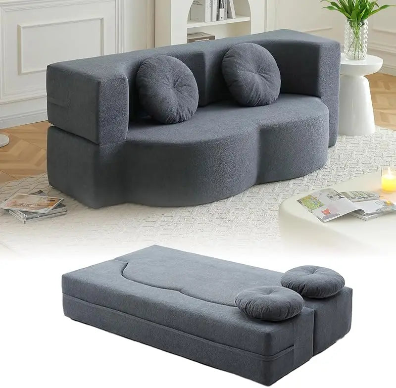(UUX)76" Convertible Futon Bed, Boneless Sleeper Sofa Couch with 2/Pillows Teddy Fabric, 2-in-1 Comfy Floor & Foldable L UQ