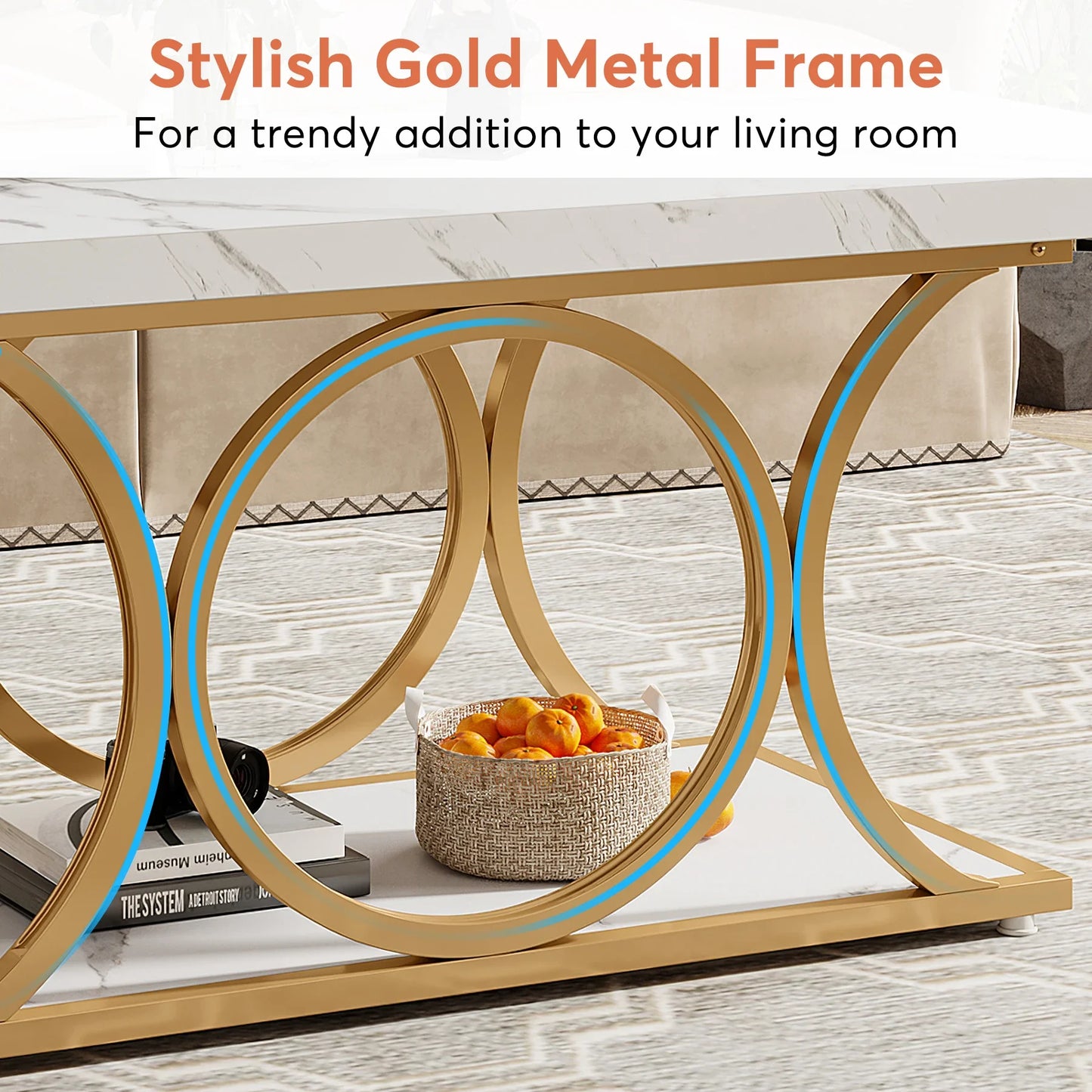 Tribesigns Rectangle Coffee Table Modern Two Tier Faux Marble Wood
